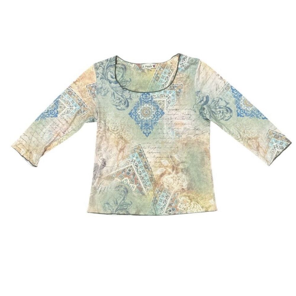 Y2K B Friends Top Rhinestone Paisley Boho Fairy Grunge Festival 3/4 Sleeve Sz M